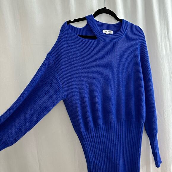 Steve Madden Blue Remi Crew Neck Cold Shoulder Long Sleeve Sweater Dress Size L - Picture 4 of 10